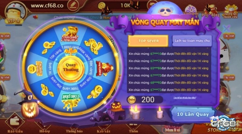 Số lượt vòng quay may mắn CF68 trúng the cào