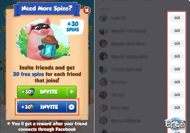 Hãy tham gia mời bạn bè trên Facebook để nhận miễn phí 30 lượt Spin ngay nhé
