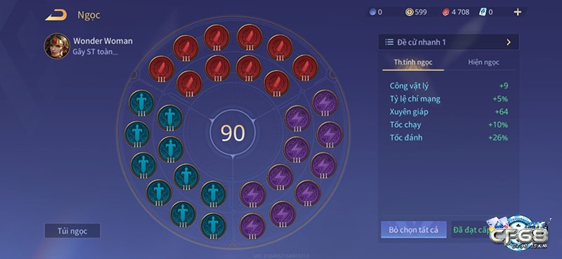 Bảng ngọc trong game, hiển thị các loại ngọc phù hợp cho Wonder Woman khi đi solo và đi rừng.