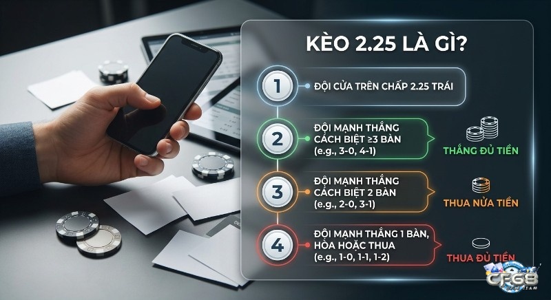 Hướng dẫn chi tiết cách đọc kèo 2.25 (kèo 2 1/4) với các kịch bản thắng đủ tiền, thua nửa tiền và thua đủ tiền